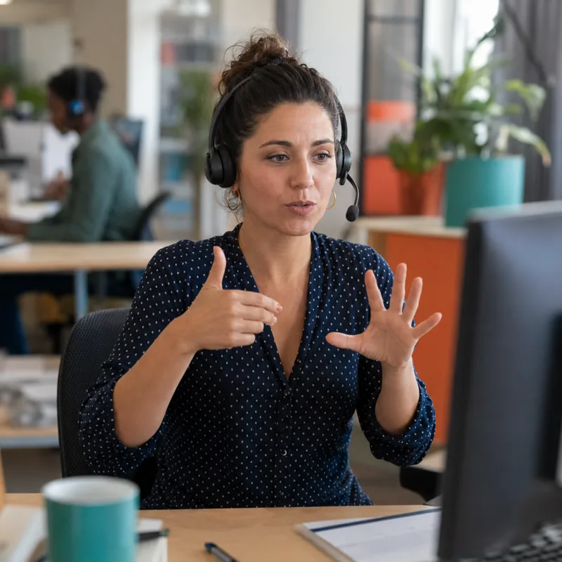 Conseiller client communiquant en langue des signes française (LSF) avec un client en visioconférence